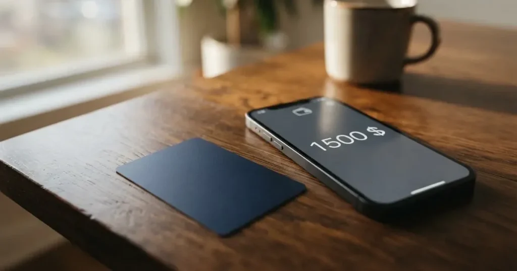 A payment card next to a phone with a crypto wallet app open