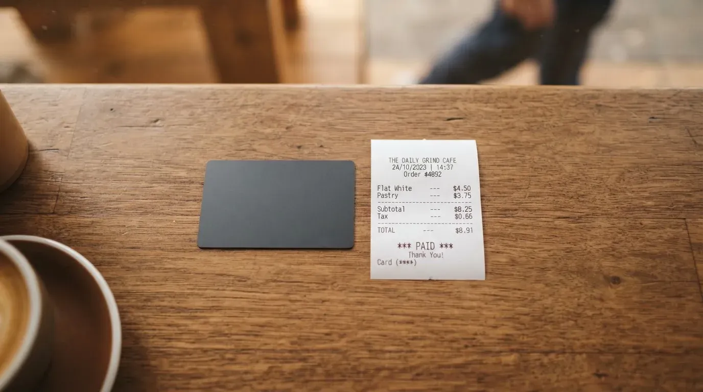 A receipt and a card on a café table