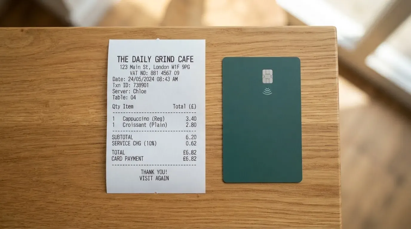 A receipt and a card on a café table