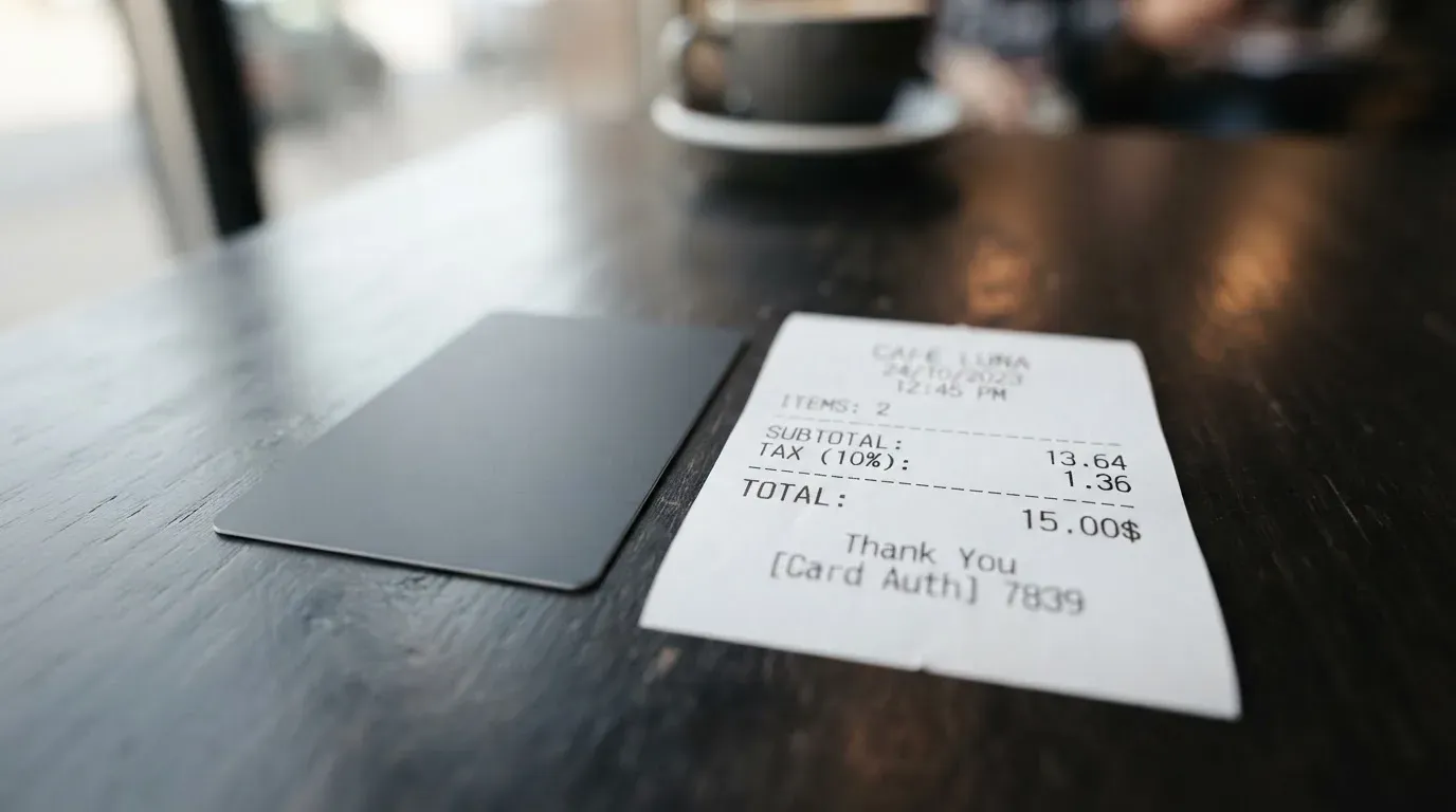 A receipt and a card on a café table
