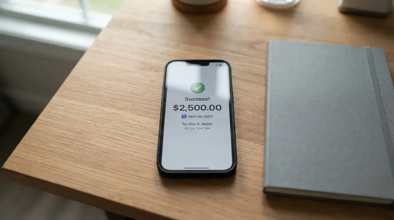 A phone showing a stablecoin transfer screen