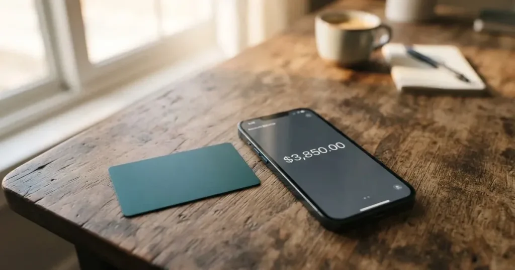 A payment card next to a phone with a crypto wallet app open