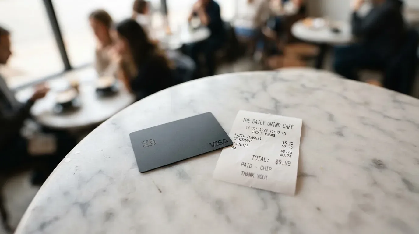 A receipt and a card on a café table