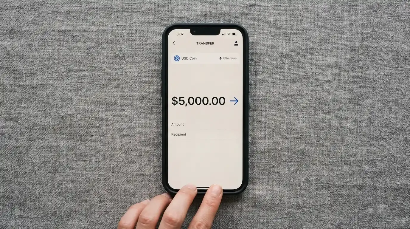 A phone showing a stablecoin transfer screen