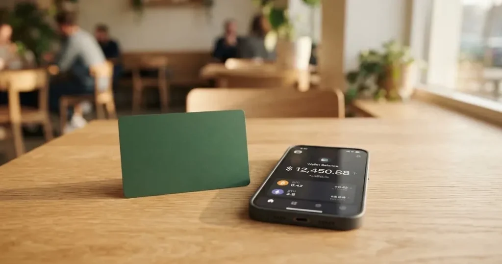 A payment card next to a phone with a crypto wallet app open