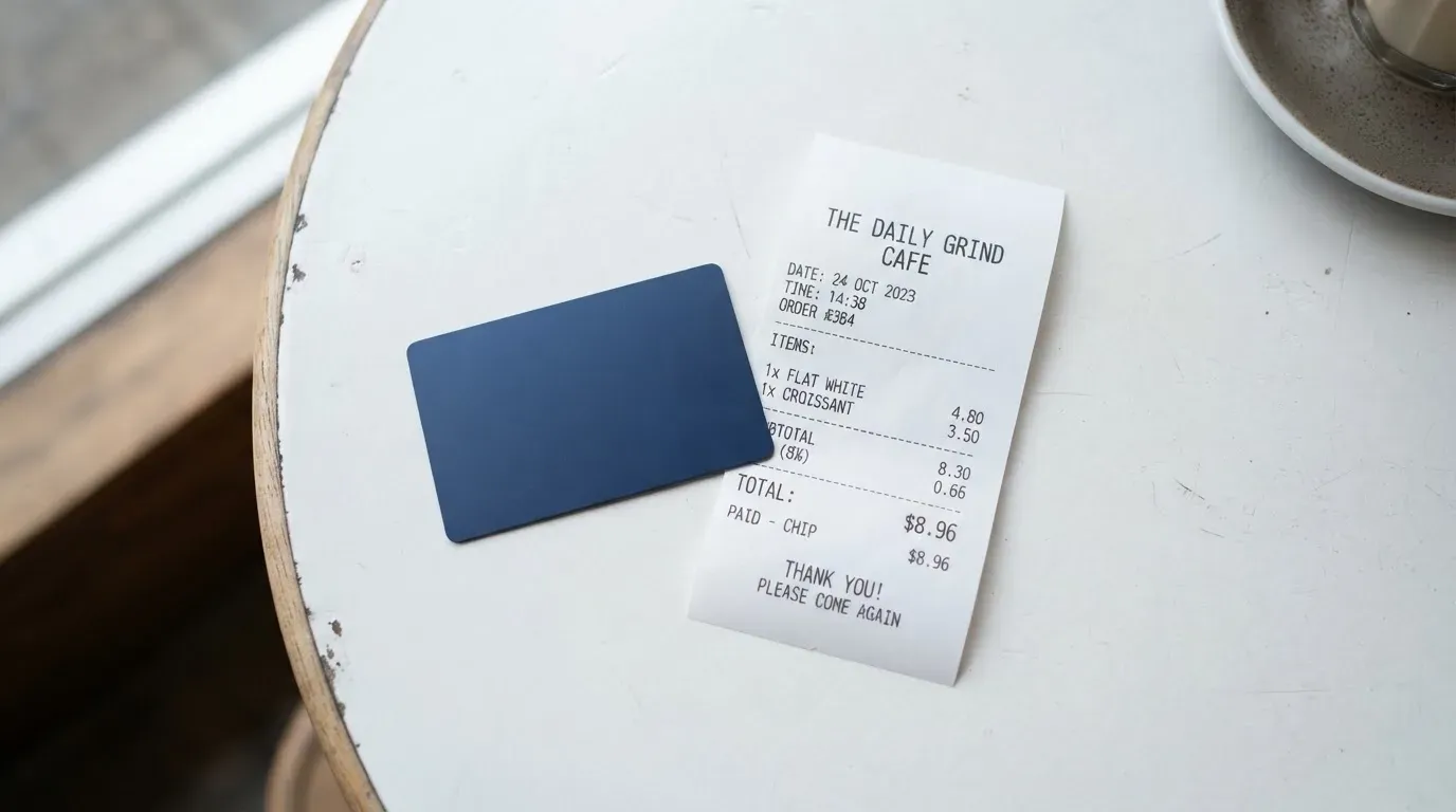 A receipt and a card on a café table