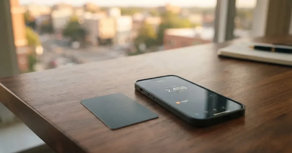 A payment card next to a phone with a crypto wallet app open