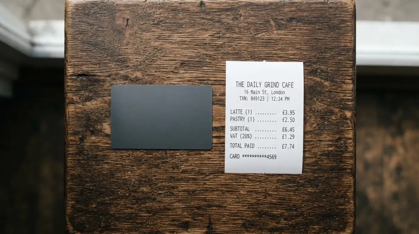 A receipt and a card on a café table