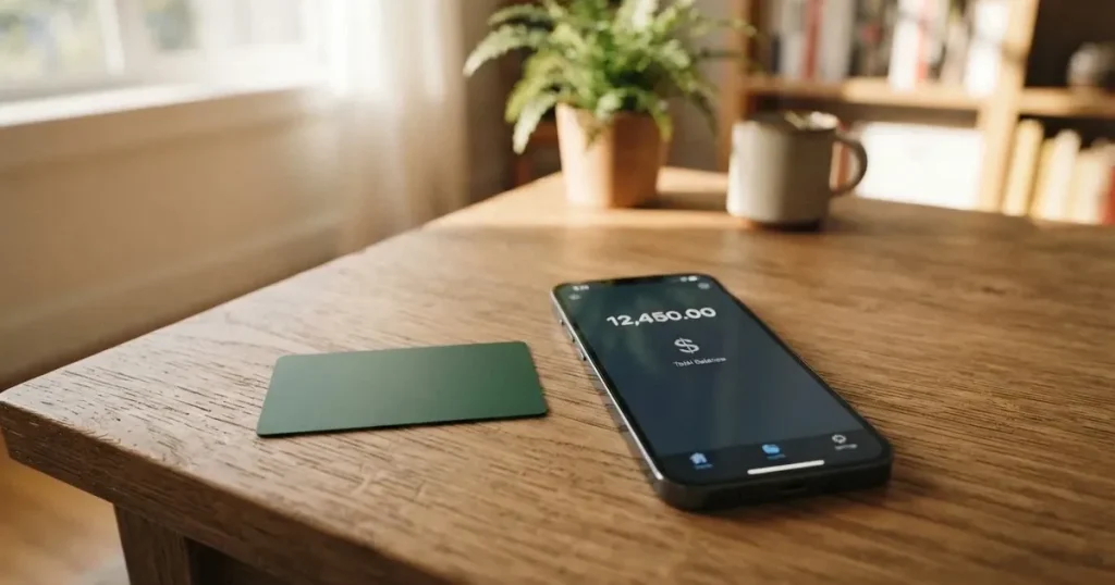 A payment card next to a phone with a crypto wallet app open