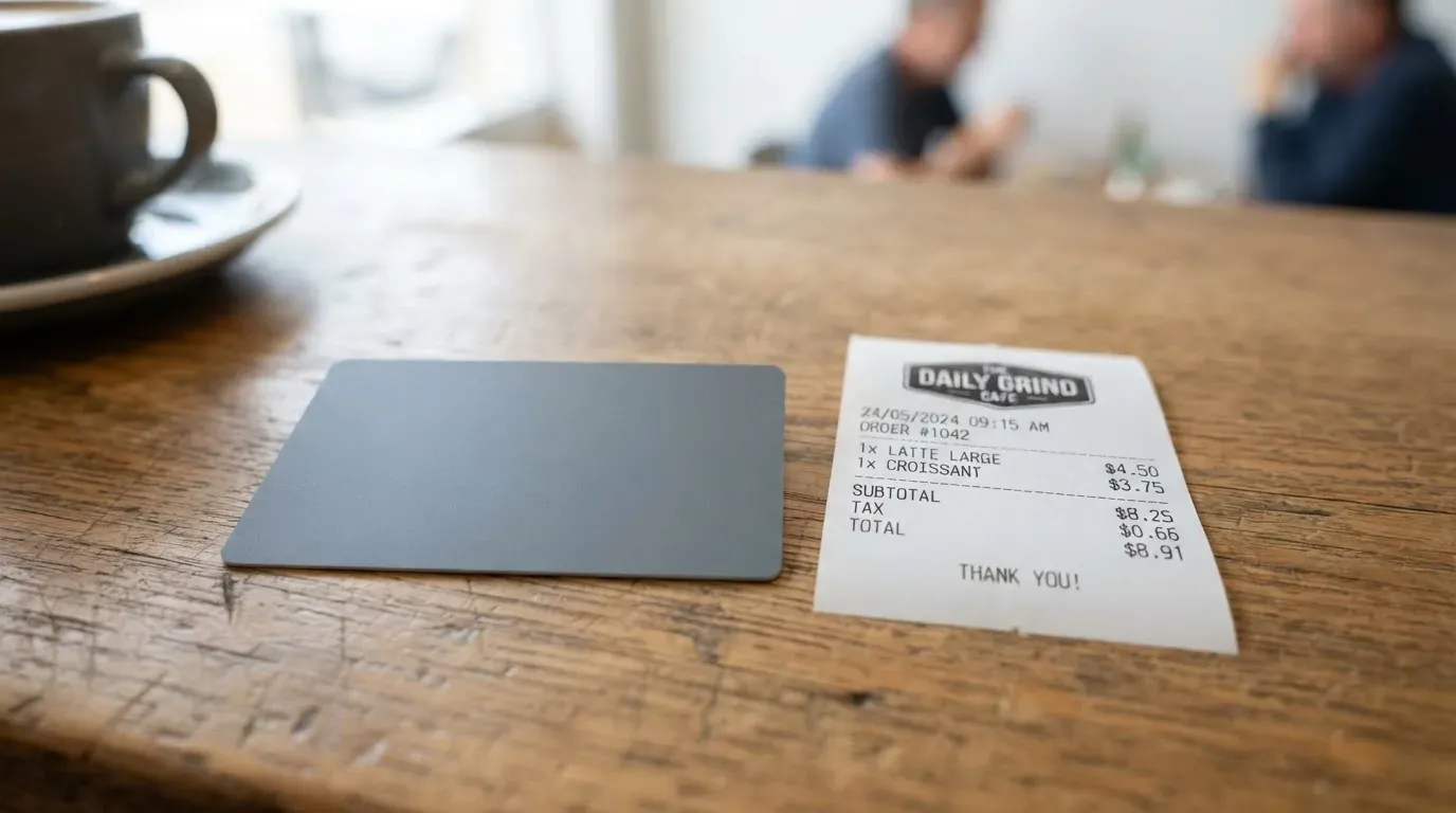 A receipt and a card on a café table