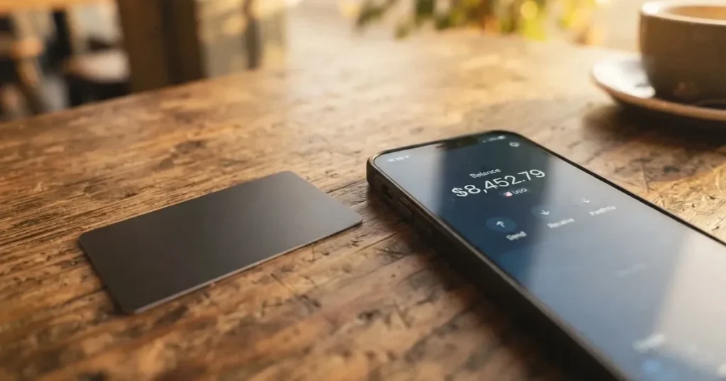 A payment card next to a phone with a crypto wallet app open
