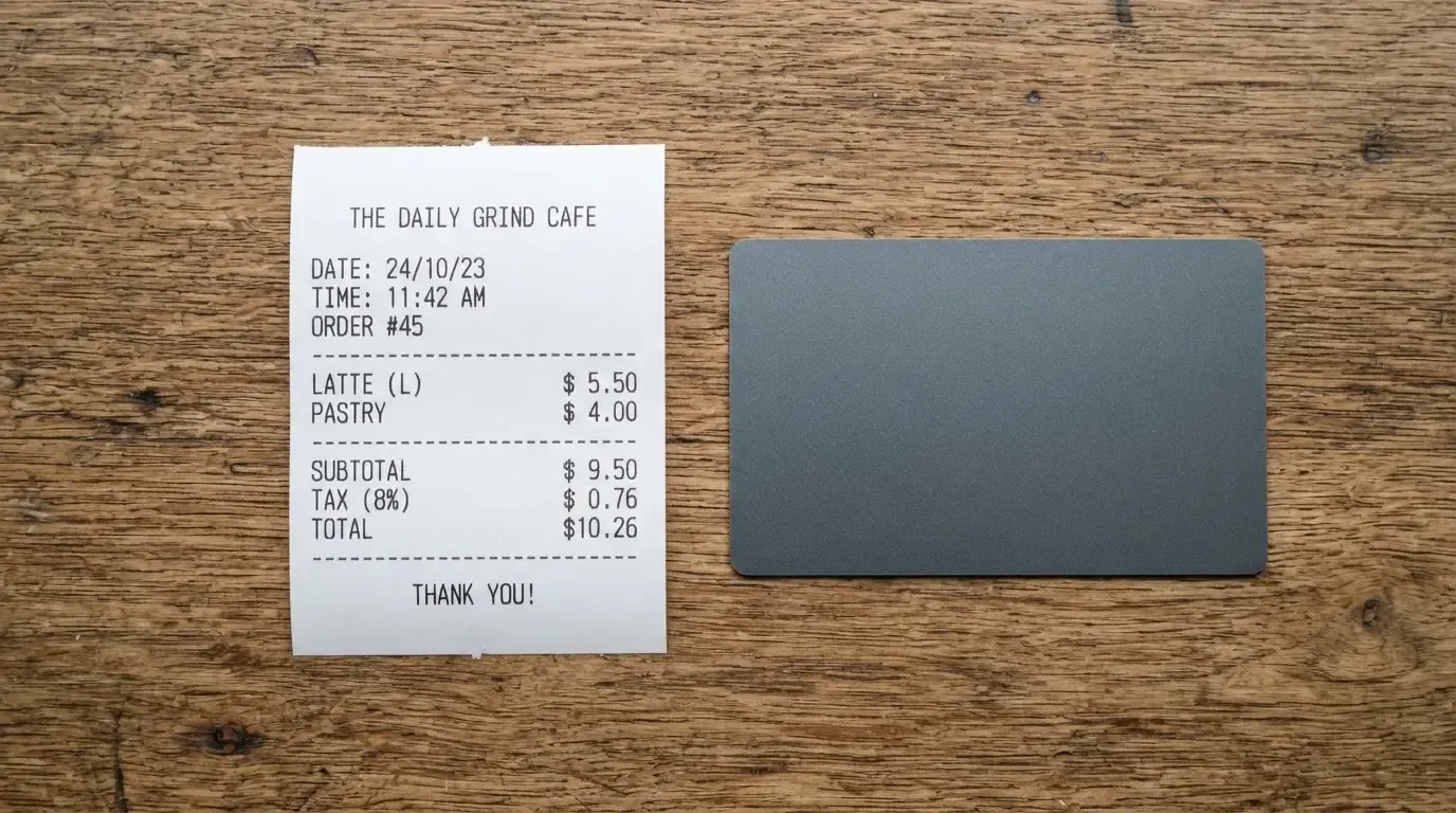 A receipt and a card on a café table