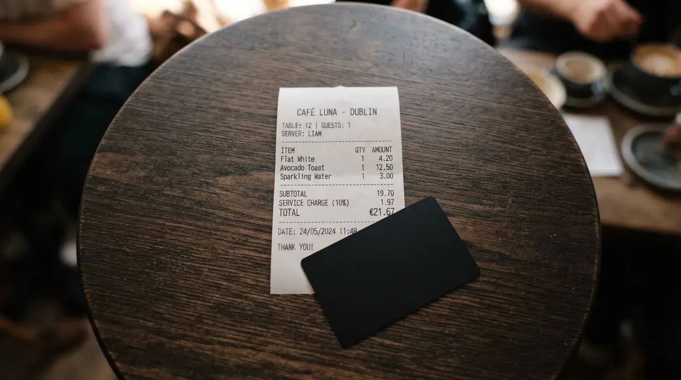 A receipt and a card on a café table