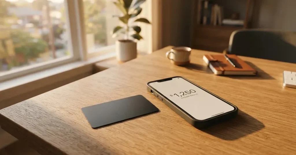 A payment card next to a phone with a crypto wallet app open
