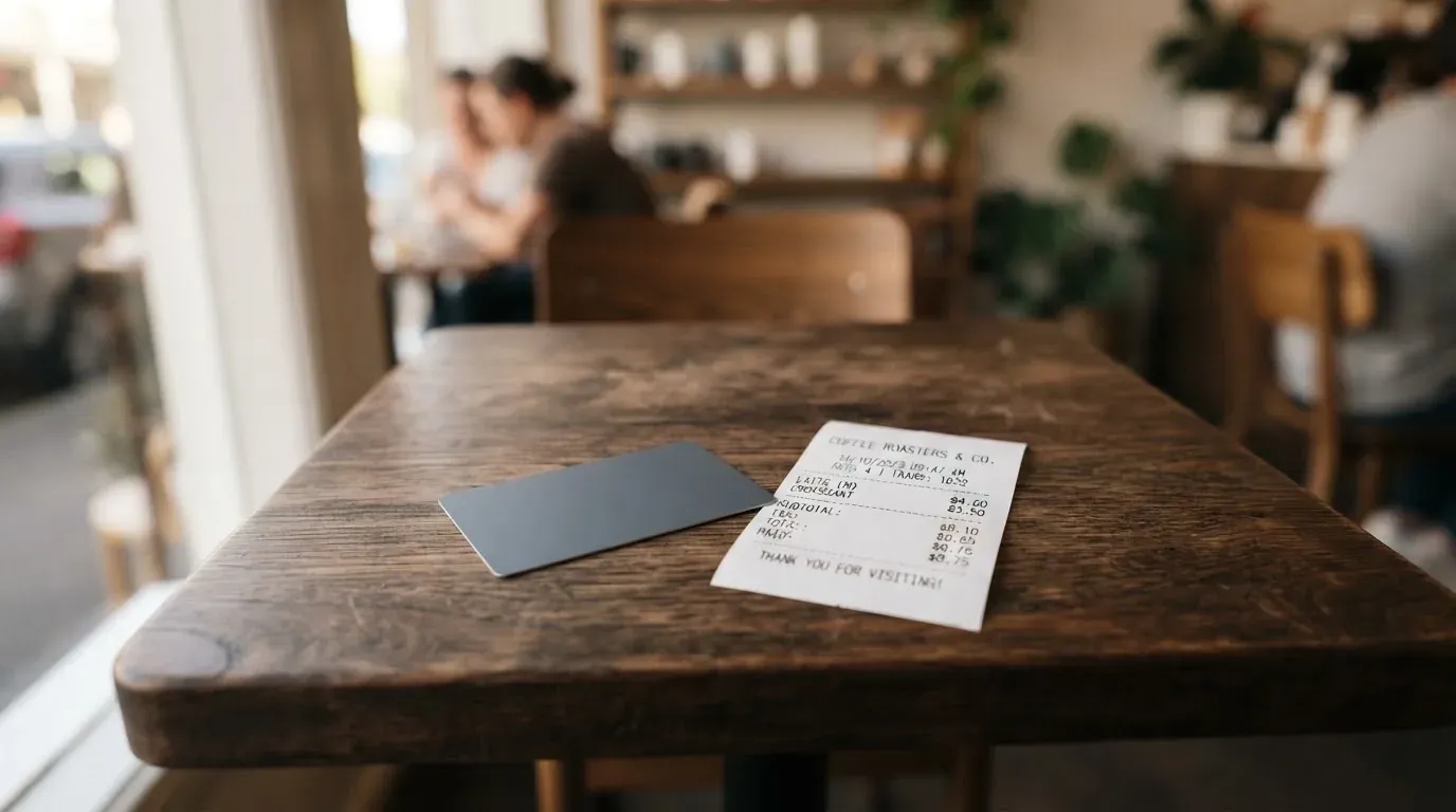 A receipt and a card on a café table