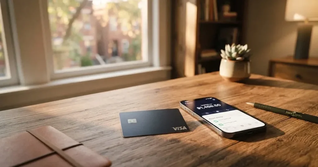 A payment card next to a phone with a crypto wallet app open