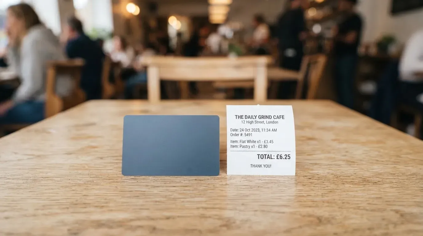 A receipt and a card on a café table