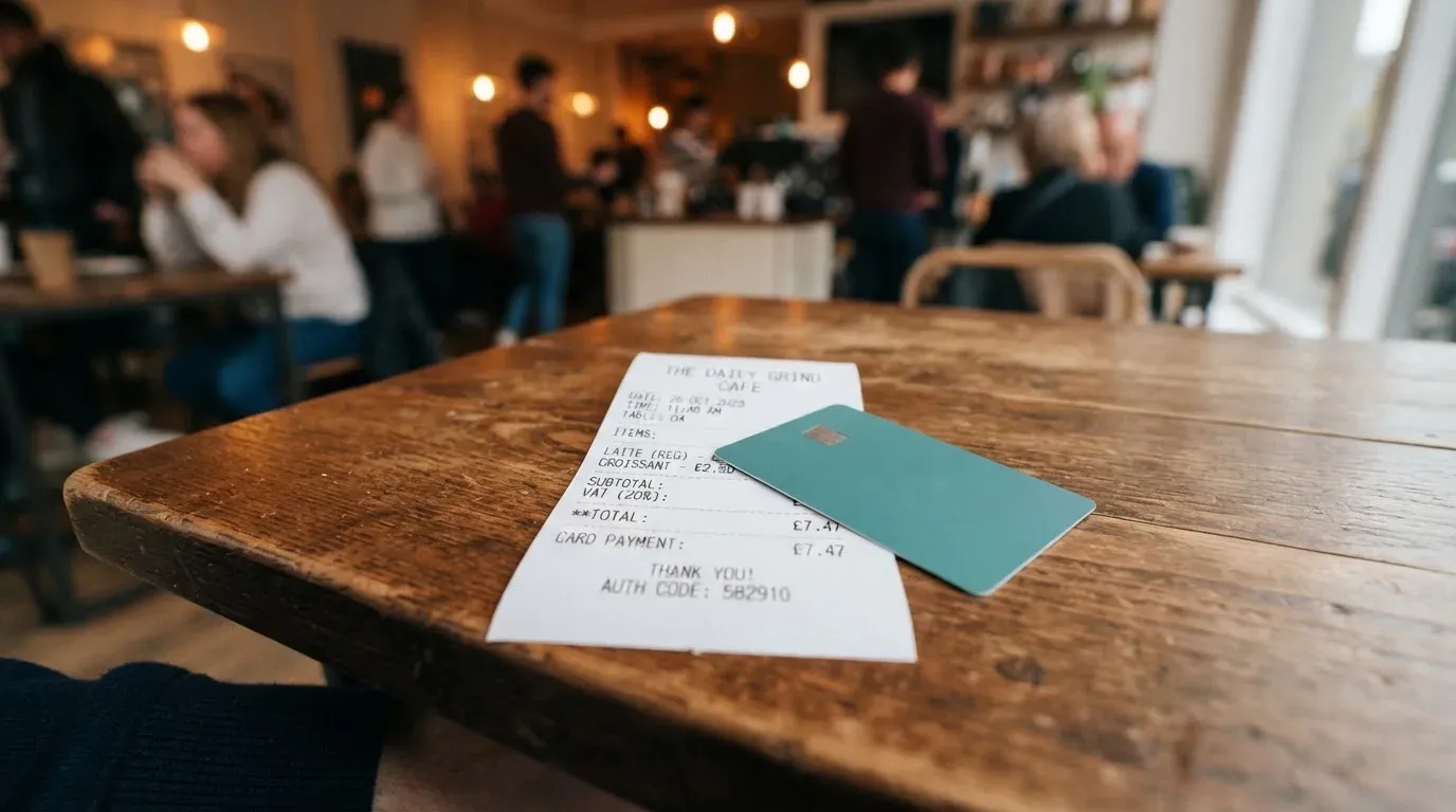A receipt and a card on a café table