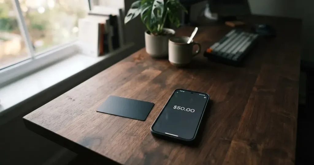 A payment card next to a phone with a crypto wallet app open