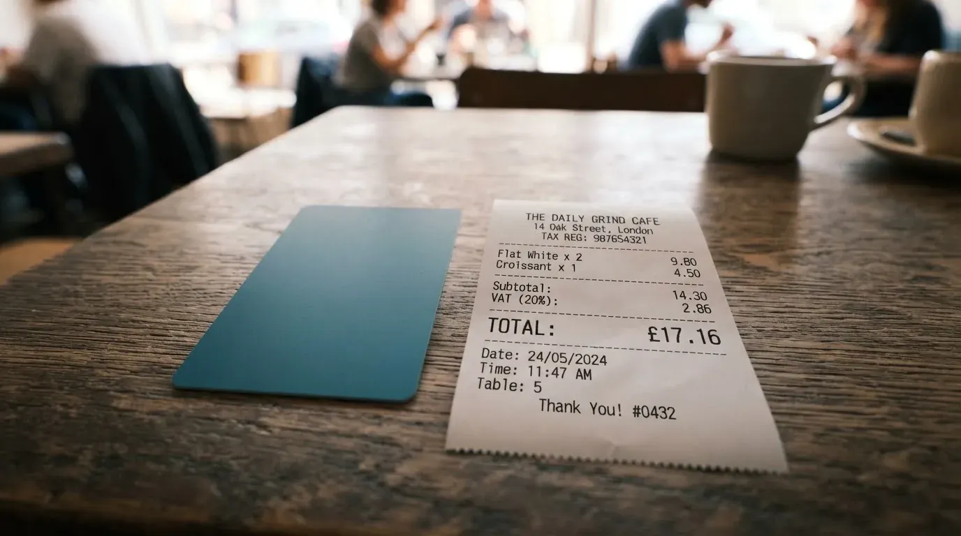 A receipt and a card on a café table