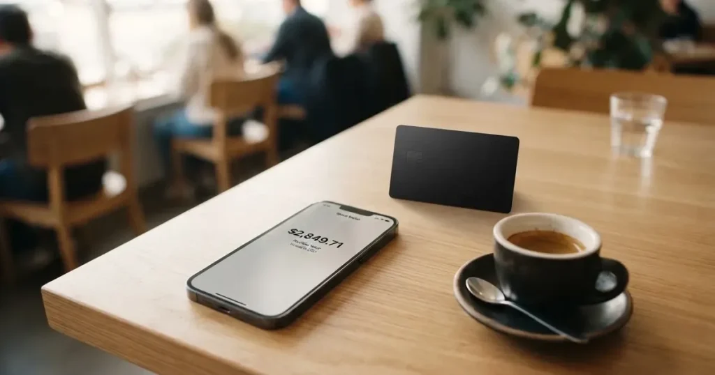 A payment card next to a phone with a crypto wallet app open