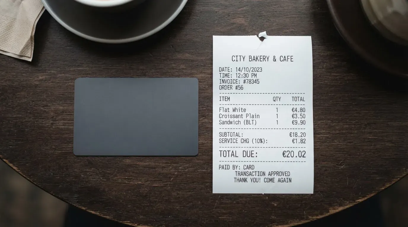 A receipt and a card on a café table