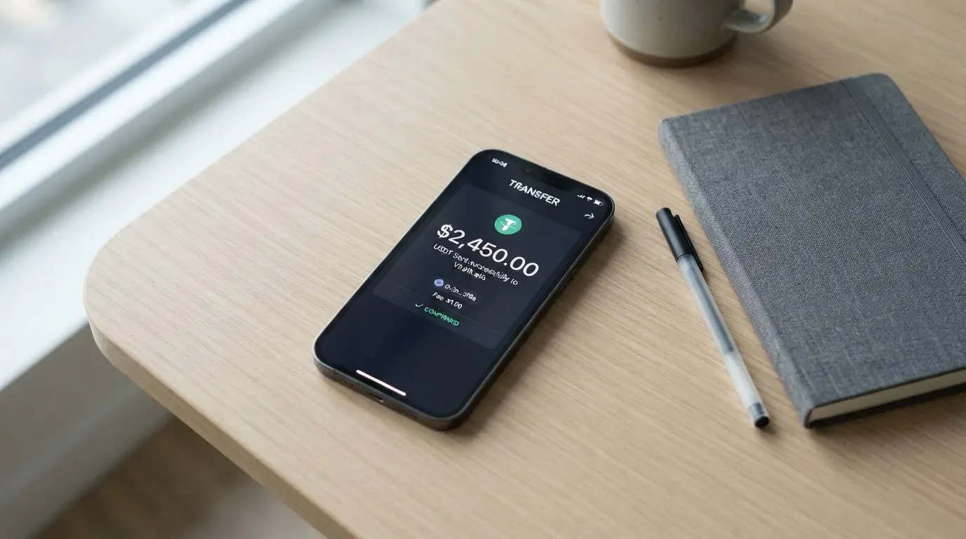 A phone showing a stablecoin transfer screen