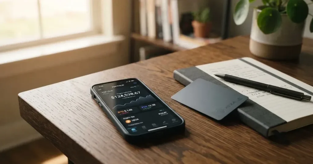 A payment card next to a phone with a crypto wallet app open