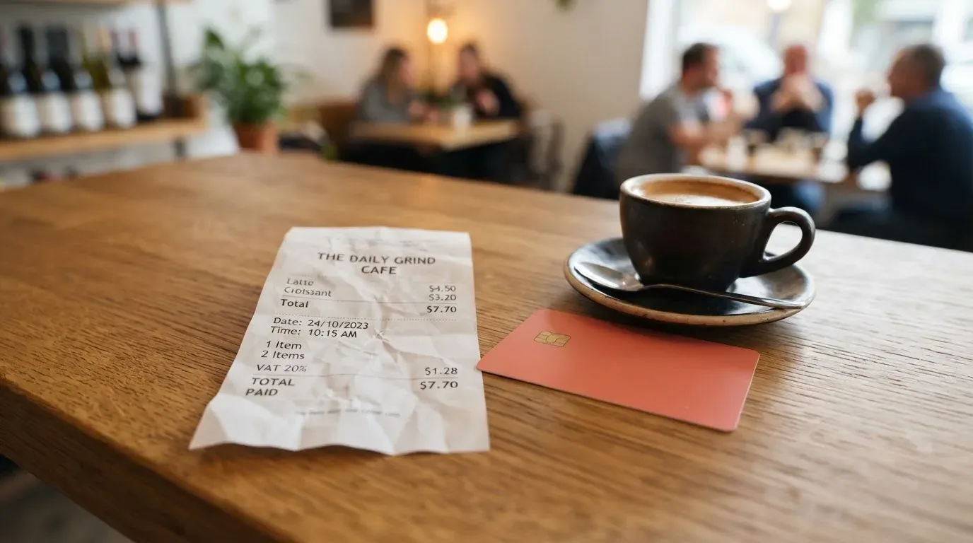 A receipt and a card on a café table