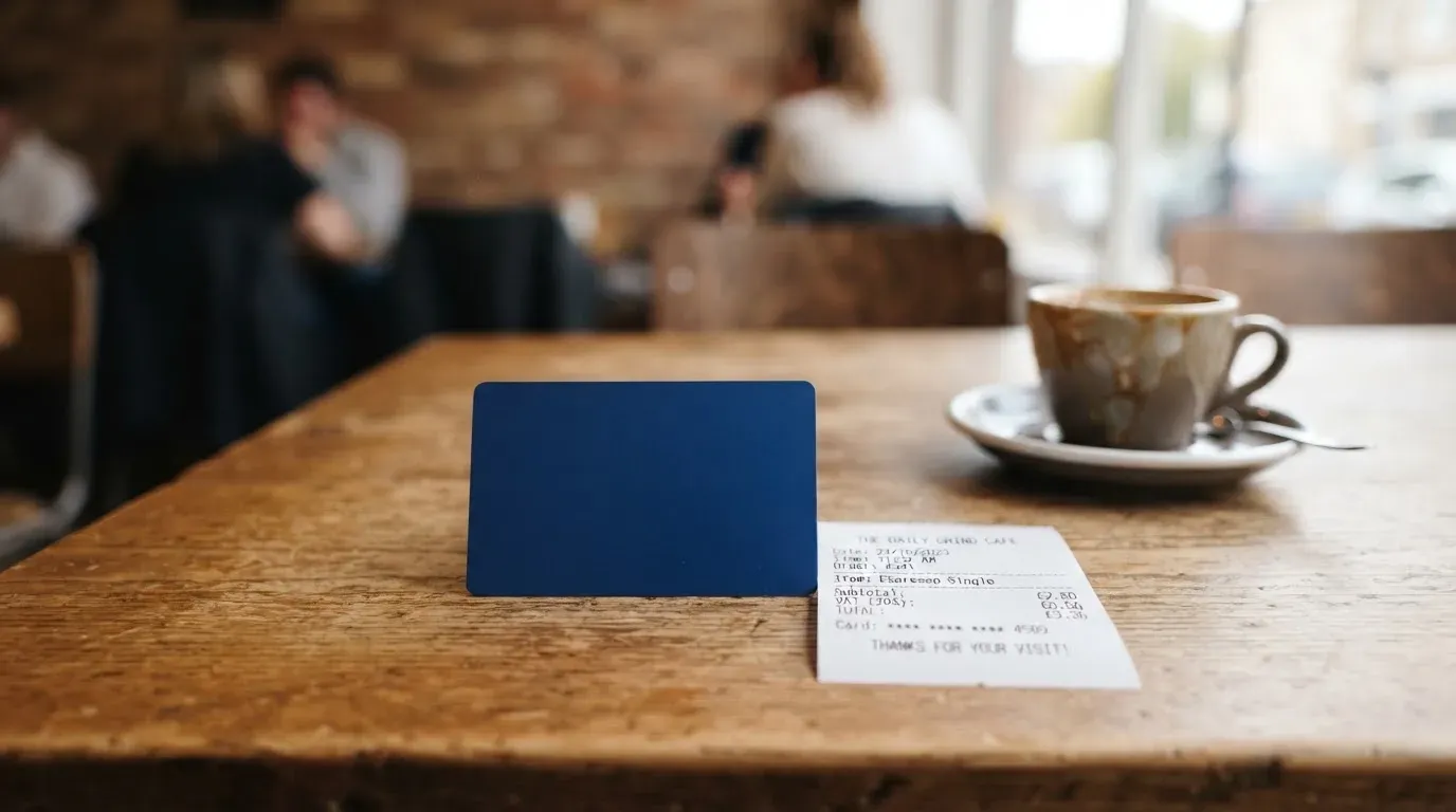 A receipt and a card on a café table