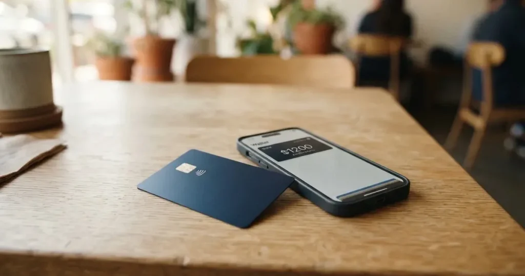 A payment card next to a phone with a crypto wallet app open